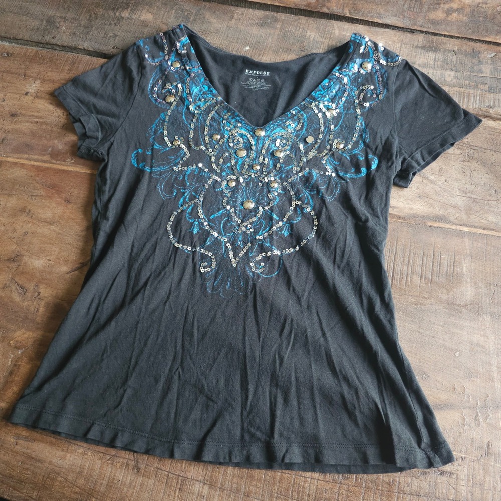 2000s Express Black Graphic T-Shirt Small Blue Sequin Studded V-Neck Cotton Tee